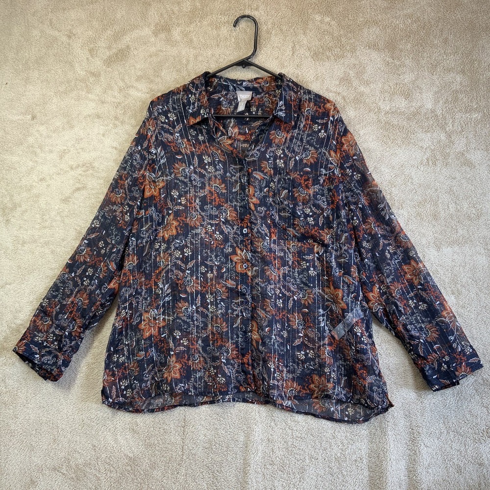 Chicos 3 Sheer‎ Floral Blouse Shirt XL Floral Metallic Lightweight Roll Tab EUC